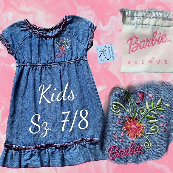 Barbie Avenue Mattel Y2K 2003 Denim Empire Waist Dress Kids Sz 7/8